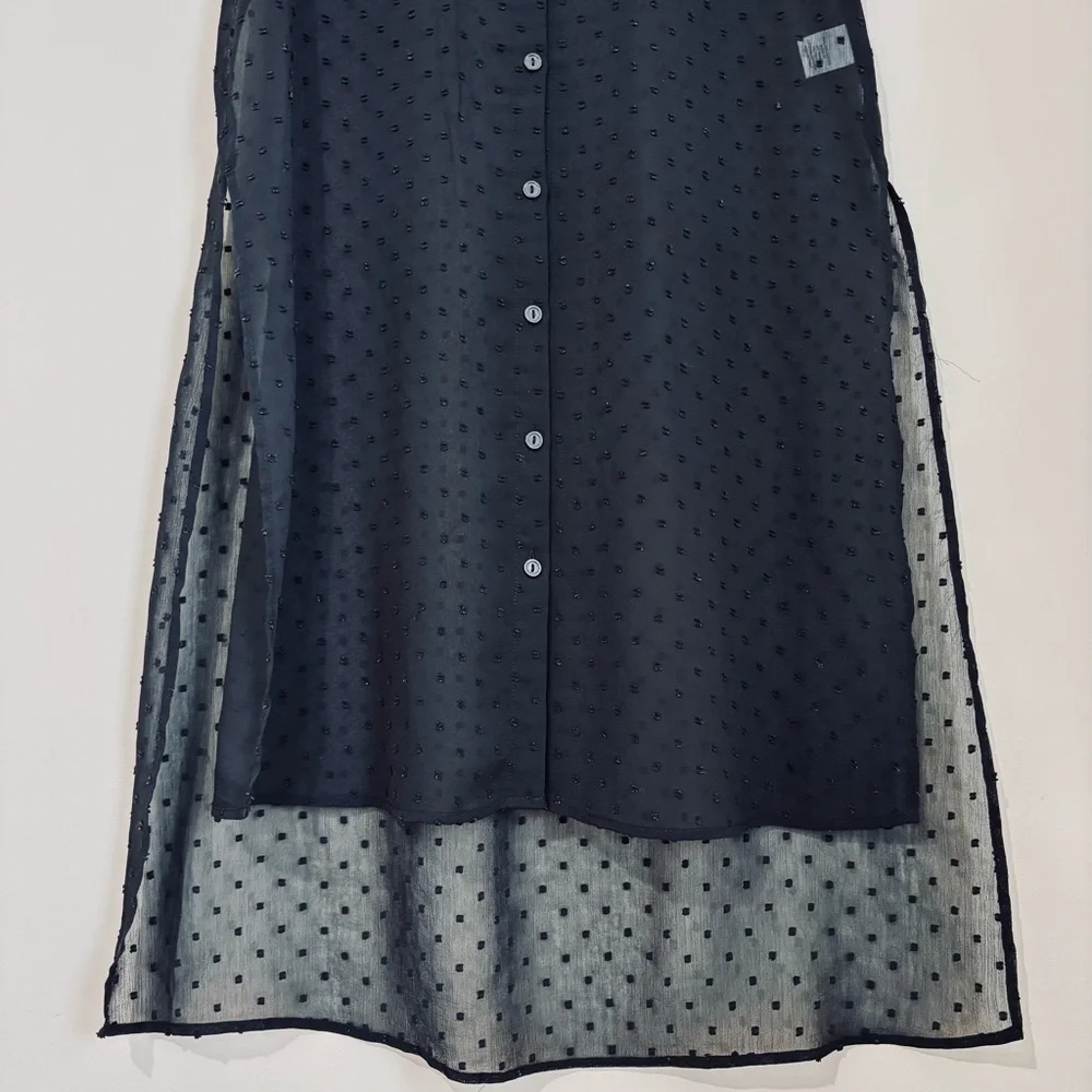 Elle black sheer button up high low short sleeve relaxed long shirt duster Small